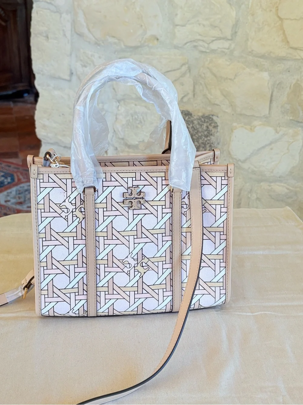 Tory Burch Pastel Pink Patterned Satchel with Logo Accent